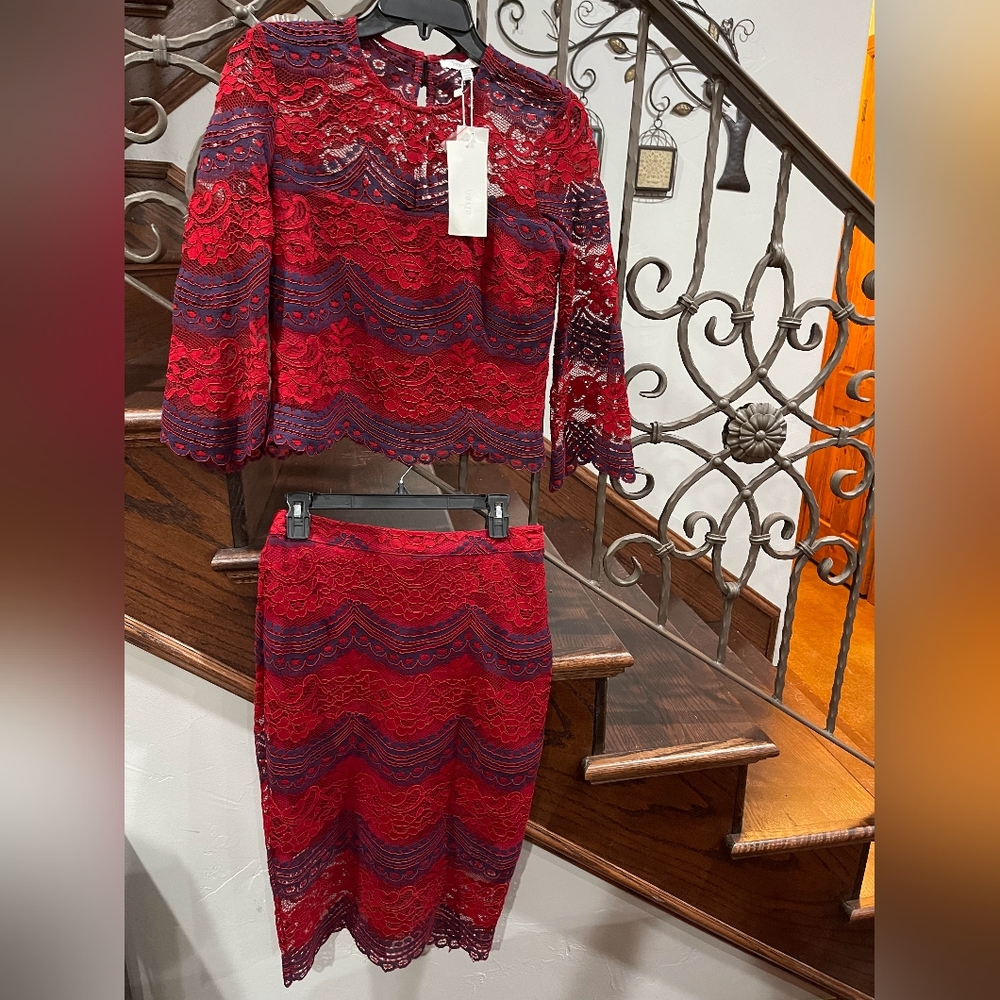 Elegant Red and Navy Lace Two-Piece Set